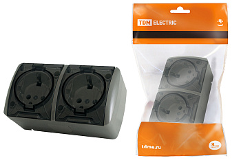 Розетка двойная 2П+3 открытой установки IP54 16А с прозрачной крышкой серая "Селигер" TDM 