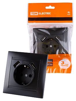 Розетка 2П+З 16А 250В + 2 USB порта 2,1А 5В графит "Лама" TDM